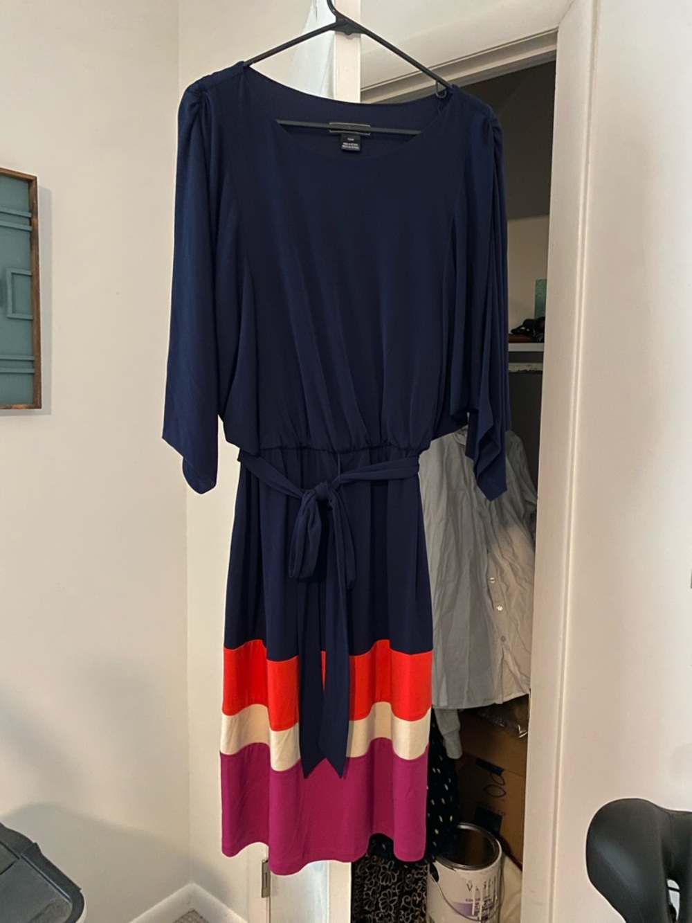 Jessica Howard Navy Long-Sleeve Colorblock Tie-Waist Dress